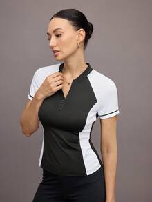 Activina 女式训练服 对比色透气拉链短袖马术服 - 黑與白 - 查看 6