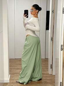 SHEIN ICON 超低腰复古宽松喇叭加长裤 - 綠色 - 查看 4