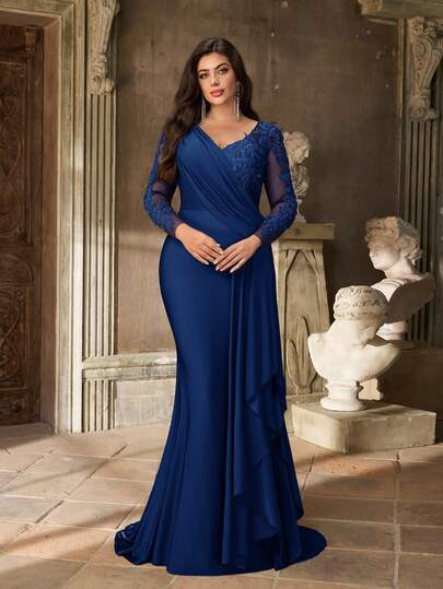 Aureia 加大码优雅奢华蓝色刺绣亮片蕾丝拼布弹力针织泳衣，带美人鱼尾巴可拆卸侧荷叶边，适合婚礼、派对、度假、庆典、晚礼服、新娘母亲