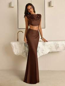 Vowa 2 件优雅棕色弹性针织宽肩垫深 V 领美人鱼长裙，带有性感激光切割金属珠饰，适合约会、度假、音乐会、毕业典礼、婚礼、下午茶、正式场合 - 棕色 - 查看 6