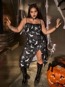 SHEIN EZwear Plus Size High Slit Bat Print Spaghetti Strap Dress, For Halloween Party  Halloween Clothes - Black and White - View 5