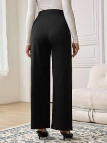 SHEIN Maternity Solid Color Waist Buckle Design Wide Leg Loose Elegant Office Pants - Black - View 2