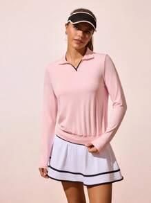 Gameset SHEIN Sport 女式 V 领长袖撞色运动 Polo 衫，春/秋粉色网球服女式网球衫女式高尔夫衫健身衫女式长袖运动衫女式防晒衫 - 粉色 - 查看 5