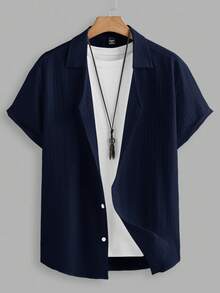 Manfinity RelaxMax 男士夏季纯色短袖单排扣衬衫短裤休闲西装 - 藏蓝色 - 查看 9