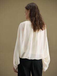 Ontre Women's Elegant Autumn Chiffon Top,Off-White Tea Party Ruched Drape Poncho Design,Western Bohemian Vintage Business Casual Versatile Wedding Guest - Yellow - View 3