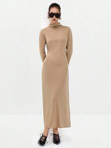 Lumivelle Vestido ajustado de cuello alto y unicolor con diseño en los hombros para mujer - Caqui - Ver 3