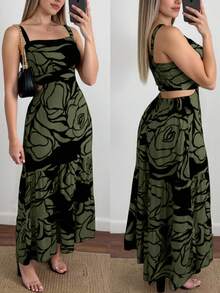 Selamara Vestido de tirantes finos con estampado floral y espalda descubierta, estilo vacacional - Verde Oscuro - Ver 1