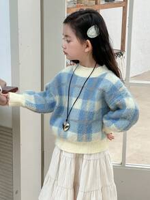 DAZY Young Girls Plaid Round Neck Casual Long Sleeve Sweater, Spring/Autumn - Blue - View 4