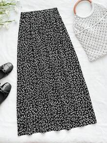 Falda casual de corte medio con abertura, estampado floral pequeño, estilo de ocio y vacaciones, adecuada para otoño e invierno, falda negra, faldas para adolescentes - Blanco y Negro - Ver 2