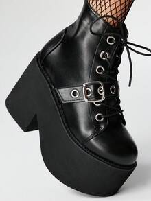 ROMWE Grunge Punk Giày bốt chiến đấu đế dày phong cách Gothic dành cho nữ, mũi tròn, gót vuông dày 4,5 inch, khóa kéo bên hông, bốt cao đến mắt cá chân bằng da đế xuồng buộc dây kiểu Punk, bốt đi làm ngoài trời, phong cách Halloween - màu đen - Xem 5