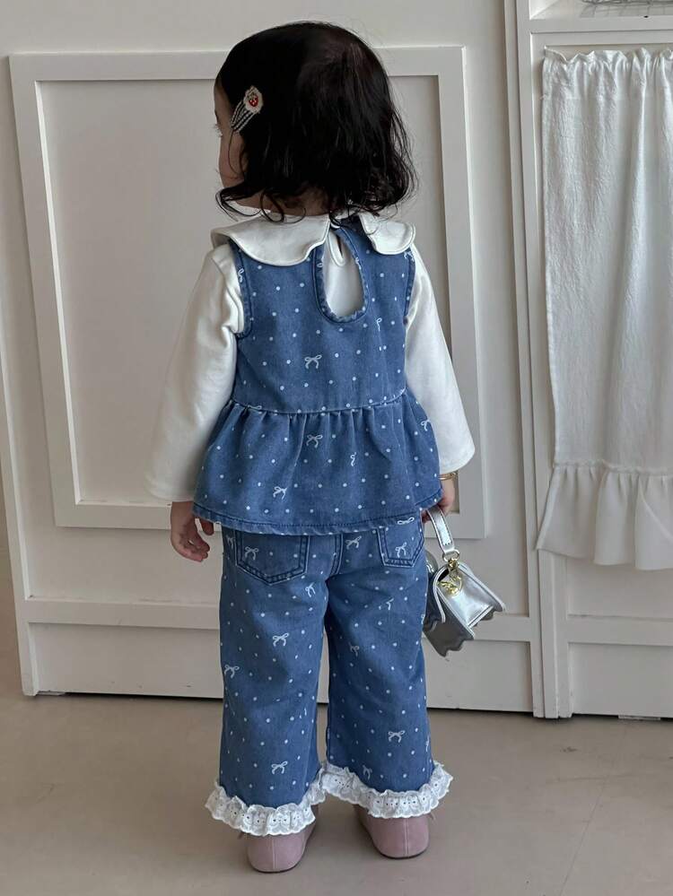 2pcs Baby Girls' Casual Butterfly Print Denim Set, Crew Neck Fall/Winter Toddler Girls Clothes