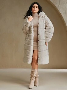 Anewsta New Autumn/Winter Faux Fur Long Coat, Fashionable Faux Rabbit Fur Women's Outerwear