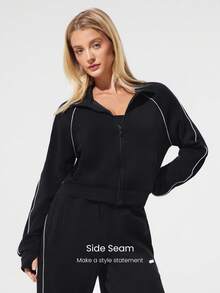 GLOWMODE SoftSerene 莫代尔对比滚边齐腰拇指孔合身拉链运动衫日常休闲装