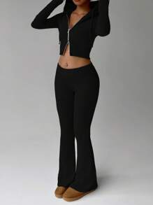 FavEase Bộ đồ thể thao thường ngày kết hợp họa tiết gân lông cừu màu be có khóa kéo và quần ống loe cổ điển dành cho nữ, tủ đồ thiết yếu tối giản, mùa xuân và mùa thu - màu đen - Xem 7