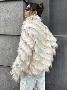 SHEIN ICON Ribbed Faux Fur Casual Loose Jacket White Fur Jacket In Fall/Winter - White - View 2