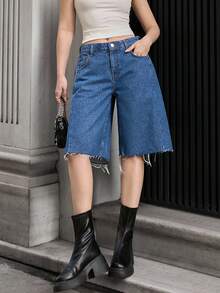 RueChic Low Waist Side Pleat Detailed Denim Short - Medium Wash - View 6