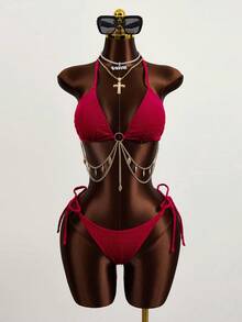 Zestiva Springbreak 纯色纹理吊带三角环金属链装饰文胸上衣和系带侧比基尼泳装套装 - 紅色 - 查看 1