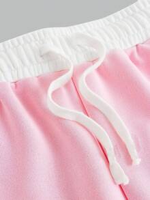 SHEIN Quần nỉ dệt kim màu hồng nhạt có dây rút tương phản, dáng rộng thoải mái, phong cách học viện thể thao cổ điển, thường ngày cho nữ sinh trung học - Màu Hồng baby - Xem 4