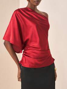 Zivah 20  Autumn/Winter New Styles For Birthday Parties, Back To School, Preppy Style, Student Wear, Everyday Outings, Basic And Versatile, Leisure, Vacation, Cruise, Beach, Seaside, Sunbathing, Influencer Hot Style, Street Style, Elegant, Commuter, Business Casual, One-Shoulder Asymmetrical Shoulder Mid-Length Sleeves, Side Gathering, Shiny Satin, Loose Fit, Reddish Brown, Summer Tops, Women's Tops And Shirts - Redwood - View 1