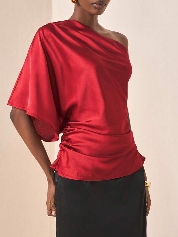 Zivah 20  Autumn/Winter New Styles For Birthday Parties, Back To School, Preppy Style, Student Wear, Everyday Outings, Basic And Versatile, Leisure, Vacation, Cruise, Beach, Seaside, Sunbathing, Influencer Hot Style, Street Style, Elegant, Commuter, Business Casual, One-Shoulder Asymmetrical Shoulder Mid-Length Sleeves, Side Gathering, Shiny Satin, Loose Fit, Reddish Brown, Summer Tops, Women's Tops And Shirts