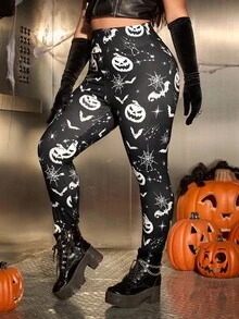 SHEIN EZwear 大码女式万圣节南瓜和蝙蝠图案高腰紧身裤 - 黑與白 - 查看 4