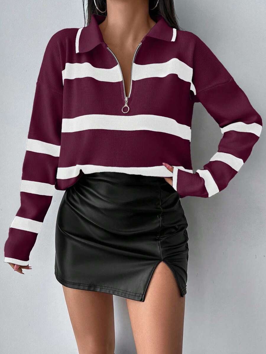 SHEIN PETITE Women's Casual Loose Striped Zip-Up Lapel Drop Shoulder Sweater, Autumn,Jumper,Cream Jumper,Jumpers,Christmas Jumper,White Jumper,Black Jumper,Ladies Jumper,Women's Jumpers - Burgundy - View 1