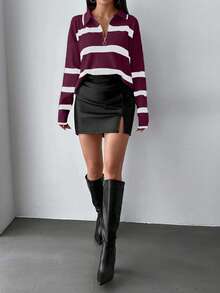 SHEIN PETITE Women's Casual Loose Striped Zip-Up Lapel Drop Shoulder Sweater, Autumn,Jumper,Cream Jumper,Jumpers,Christmas Jumper,White Jumper,Black Jumper,Ladies Jumper,Women's Jumpers - Burgundy - View 2