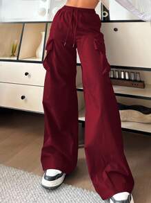 SHEIN EZwear 女士休闲纯色高腰阔腿裤 - 酒紅色 - 查看 2