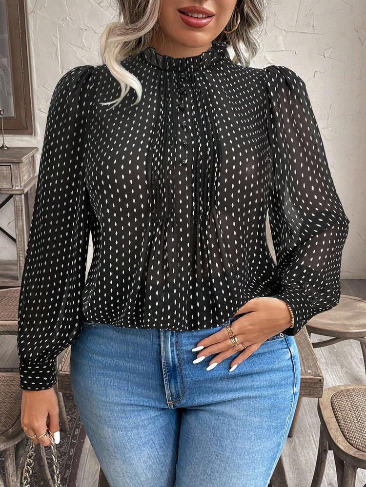 SHEIN Holidaya Plus Size Casual Puff Sleeve Allover Print Shirt, Suitable For Commuting, Autumn - Black - View 1