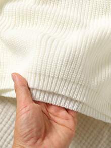 SHEIN 青少年女孩休闲圆领长袖镂空蝴蝶结针织毛衣，秋冬 - 白色 - 查看 3