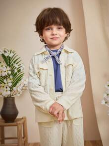 Loomiva 2pcs Young Boy Solid Color Knit Soft Collar Cardigan And Elastic Waist Pants Set Fall Winter - Beige - View 5