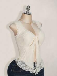 SHEIN ICON Áo ba lỗ buộc dây ren tương phản cỡ lớn cho nữ mặc hàng ngày - Màu be - Xem 3