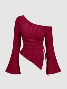SHEIN MOD Große Größen Damen Rotes T-Shirt mit Kordelzug, asymmetrischem Saum und weiten Ärmeln, Off-Shoulder T-Shirt, Herbstmode für Damen, bequemes T-Shirt