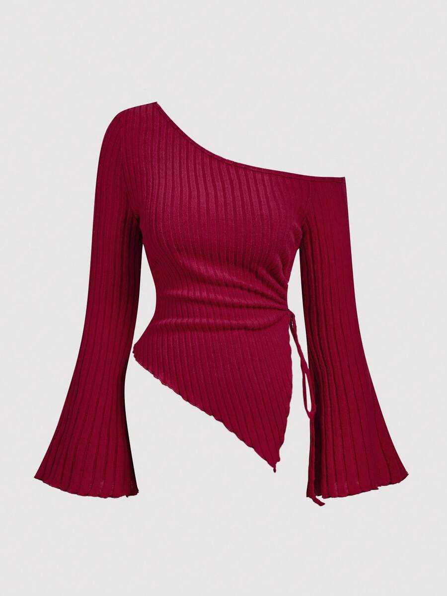SHEIN MOD Große Größen Damen Rotes T-Shirt mit Kordelzug, asymmetrischem Saum und weiten Ärmeln, Off-Shoulder T-Shirt, Herbstmode für Damen, bequemes T-Shirt