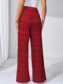 SHEIN Clasi 夏季优雅女士格纹印花弹力针织裤，适合各种场合，适合夏季度假、优雅旅行、日常通勤 - 紅色 - 查看 2