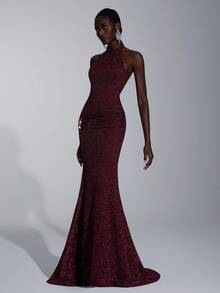 Elitara 优雅、浪漫、端庄、简约、酒红色、针织弹力面料、鱼尾下摆、拖尾、时尚、网红、节日、度假、生日派对、婚礼活动、伴娘礼服、舞会礼服、伴娘礼服 - 酒紅色 - 查看 7