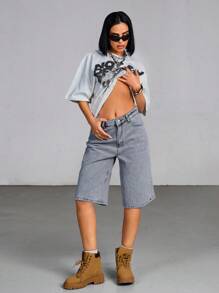 EURMUSE Casual Distressed Washed Loose Denim Shorts - Grey - View 4