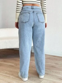 EURMUSE Cottnline Mom Fit Plus Jeans With Snow Wash, - Medium Wash - View 2