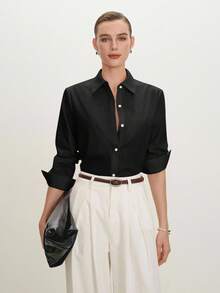 BizChic 黑色翻领露肩前开襟衬衫，现代优雅都市通勤日常浪漫90年代复古风，适合圣诞节、新年、情人节、派对、海滩、毕业典礼、时尚、嘉年华、假日、婚礼宾客、早午餐、机场等多种场合。 - 黑色 - 查看 2