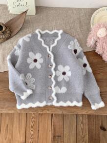 SHEIN Young Girls' Fashion Design Cute And Elegant Lady Gray Long-Sleeve Floral Patterned Casual Knitted Sweater, Suitable For Autumn And Winter Wear, Appropriate For Both Indoor And Outdoor Settings, Warm And Fashionable, Simple Style, Suitable For Indoor, Outdoor, Daily Wear, Sports, Playing, Parties, Photography, Vacations, And Holiday Occasions.