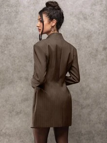 Avenya 条纹立领收腰西装外套，优雅商务休闲风格，办公室美人鱼，复古风女士秋季服装 - 棕色 - 查看 5