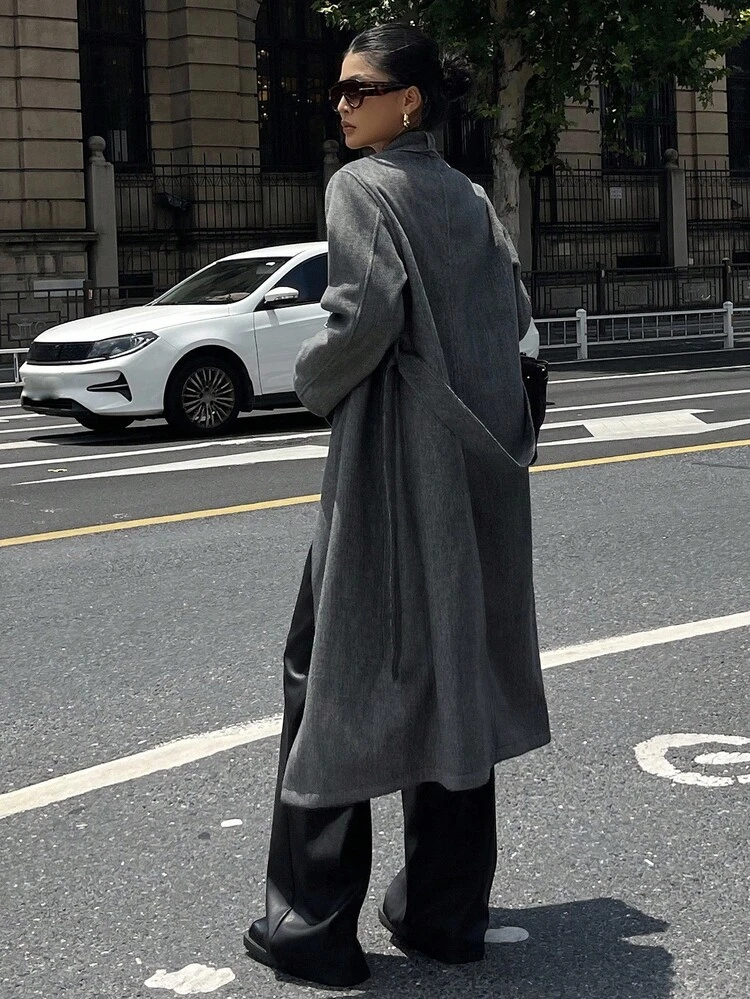 Loose Fit Versatile Mid-Length Lapel Robe Style Women Overcoat