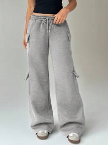 FavEase 女式抽绳腰部口袋阔腿慢跑裤，灰色，休闲街头风格，秋季 - 灰色 - 查看 2