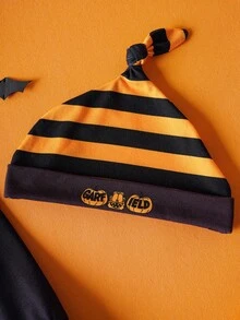 GARFIELD | SHEIN 3pcs Baby Boy Cute Halloween Pattern Round Neck Long Sleeve Bodysuit, Striped Long Pants, And Knit Hat Soft & Comfortable Set - Black - View 3