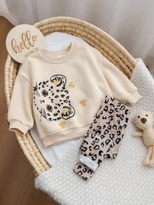 新生女婴可爱休闲卡通图案保暖长袖运动衫和裤子套装 - 卡其色 - 查看 5