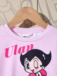 Astro Boy X SHEIN Sweat-shirt-shirt en tricot rose ample à manches longues avec épaules tombantes et motif graphique de personnage de dessin animé mignon pour jeune fille