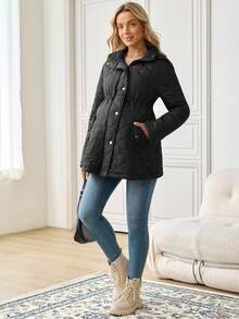 SHEIN Maternity Solid Color Long Sleeve Single-Breasted Casual Hooded Winter Jacket - Black - View 6