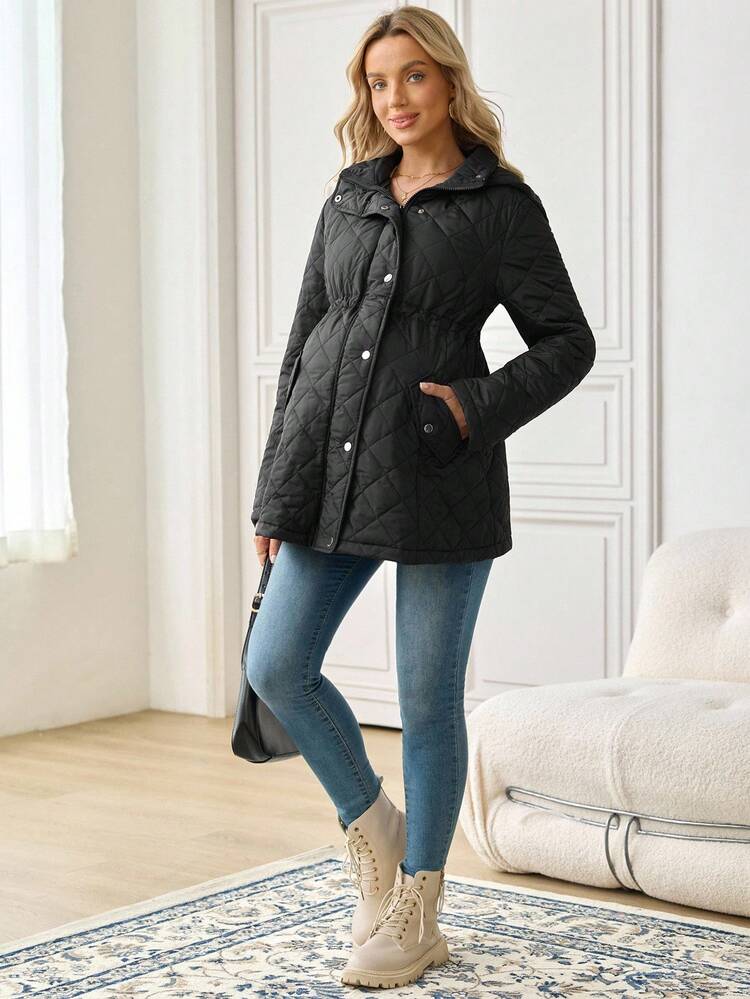 SHEIN 孕妇纯色长袖单排扣休闲连帽冬季夹克 - 黑色 - 查看 6