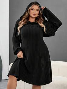 SHEIN CURVE+ 大码黑色厚罗纹卫衣连衣裙，两件套，初秋/秋冬 - 黑色 - 查看 9