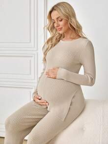 SHEIN Maternity Knitted Side Slit Long Sweater & Loose Casual Long Pants Set